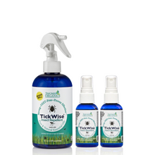 A larger blue spray bottle labeled TickWise Mosquito & Tick Repellent with two smaller refill bottles next to it, all against a white background.